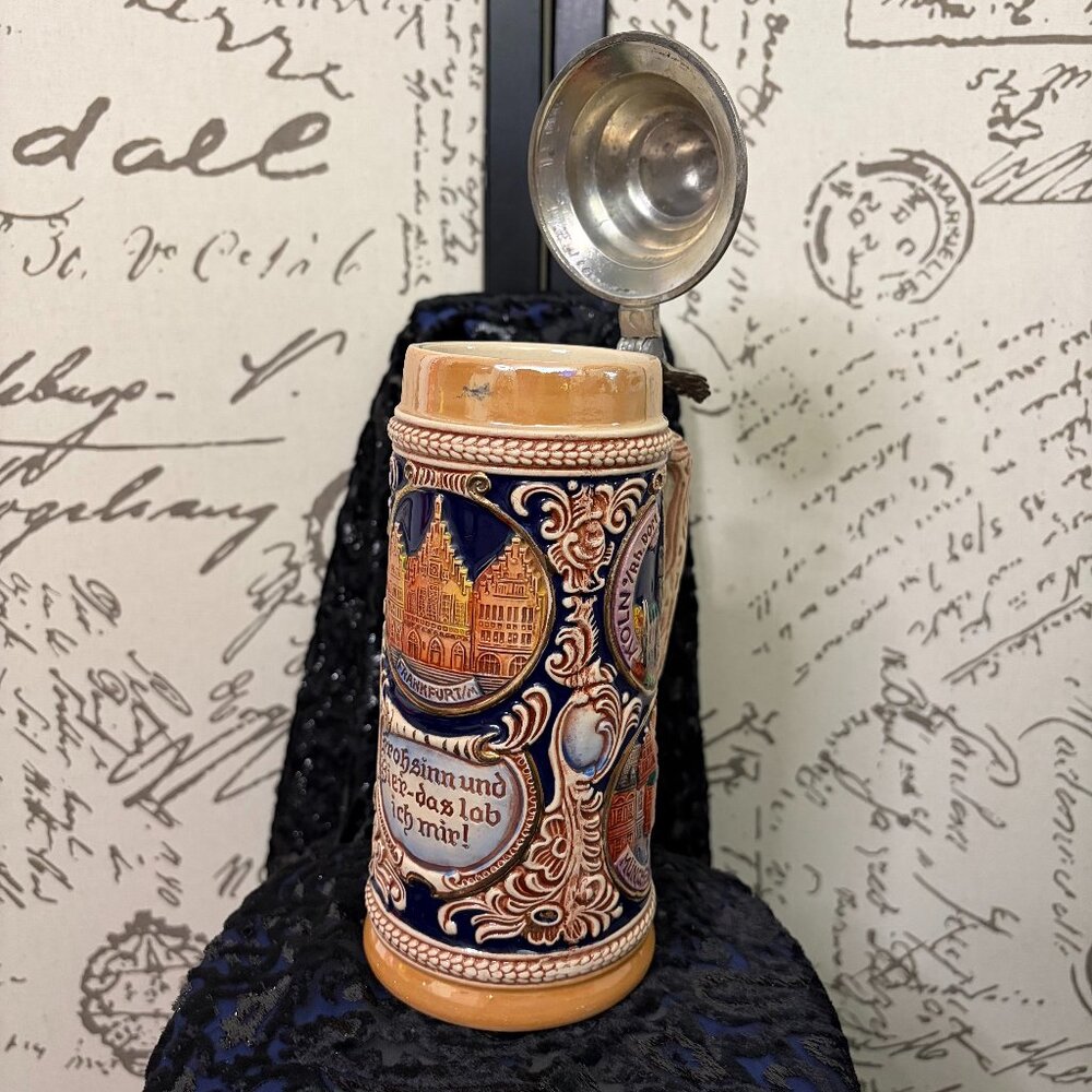 GERZ German Cities Pewter Lid BEER STEIN HAND PAINTED 9 1/2 - EXCELLENT